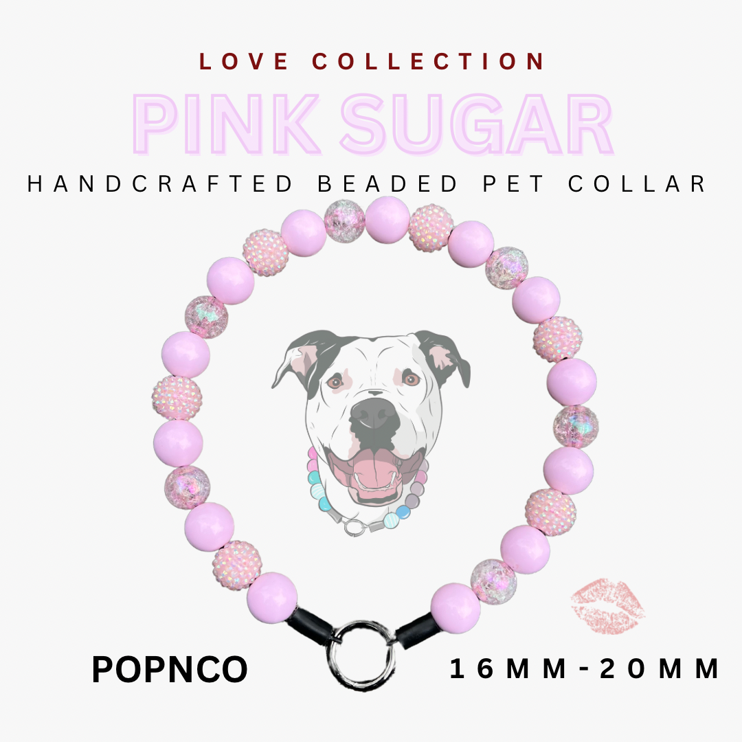 Handcrafted beaded pet collar with pink beads and a dog illustration on a white background, labeled 'Pink Sugar' from the 'Love Collection'.