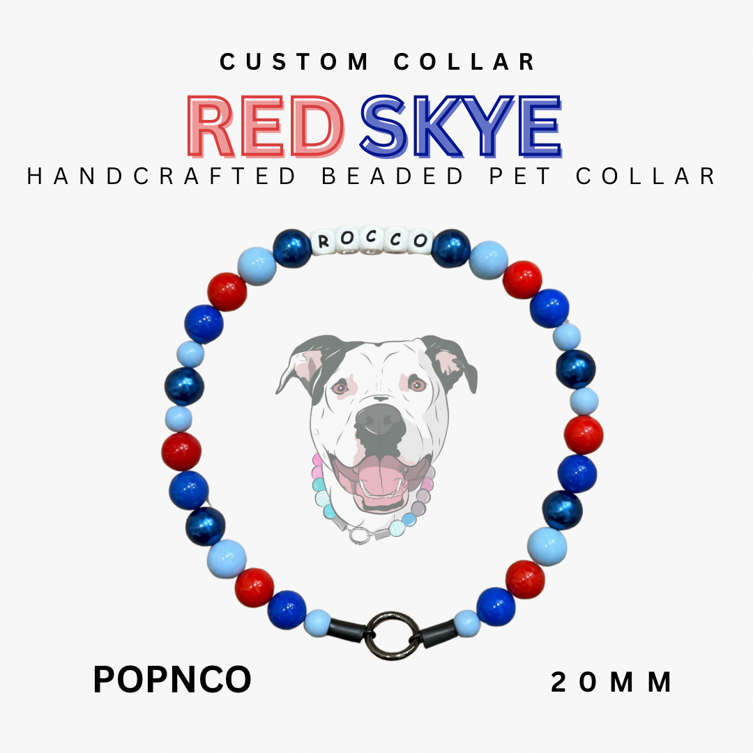 Custom beaded pet collar with colorful beads and a dog illustration on a white background, branded 'REDSKYE'.