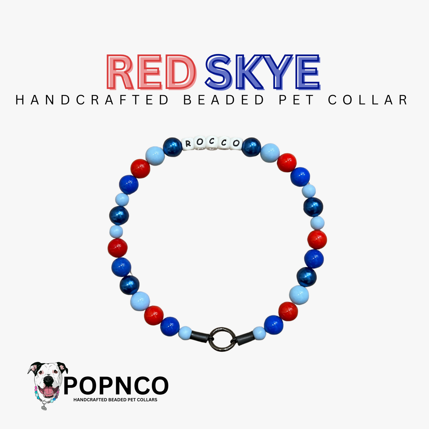 A beaded pet collar named RED SKYE with red, blue, and pale blue acrylic beads, and a black clasp, presented against a white background with the brand name POPNCO.