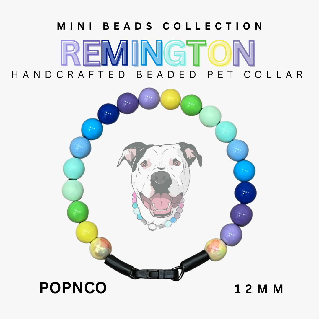 Handcrafted beaded pet collar with colorful beads and a black strap, featuring Remington brand on a white background.