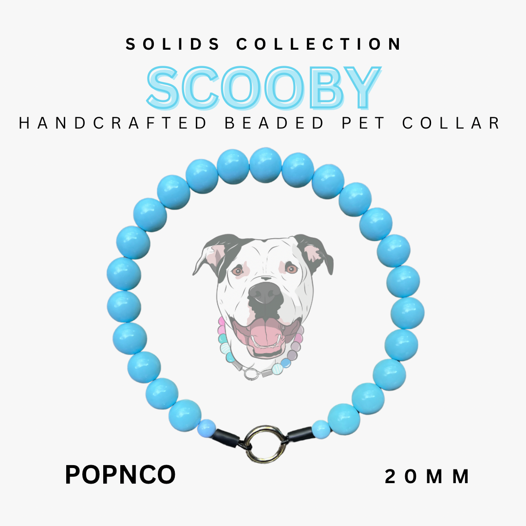 Handcrafted beaded pet collar with blue beads and a dog illustration on a white background
