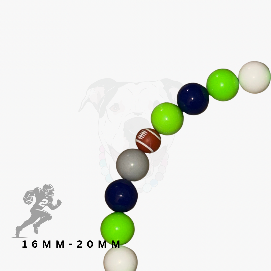 Colorful balls in various sizes on a white background with a football player icon and size range text.