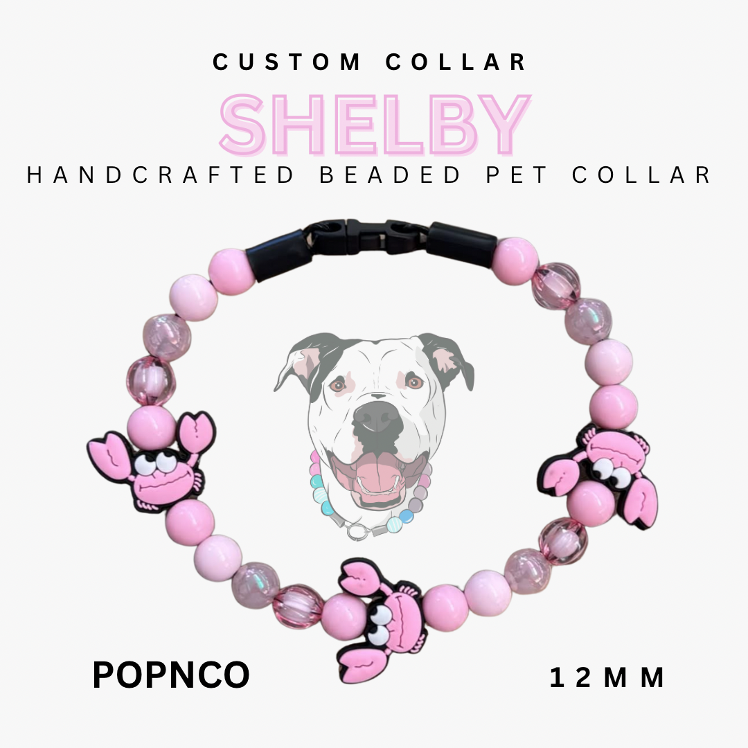 Handcrafted beaded pet collar with pink beads and cartoon dog charms on a white background.