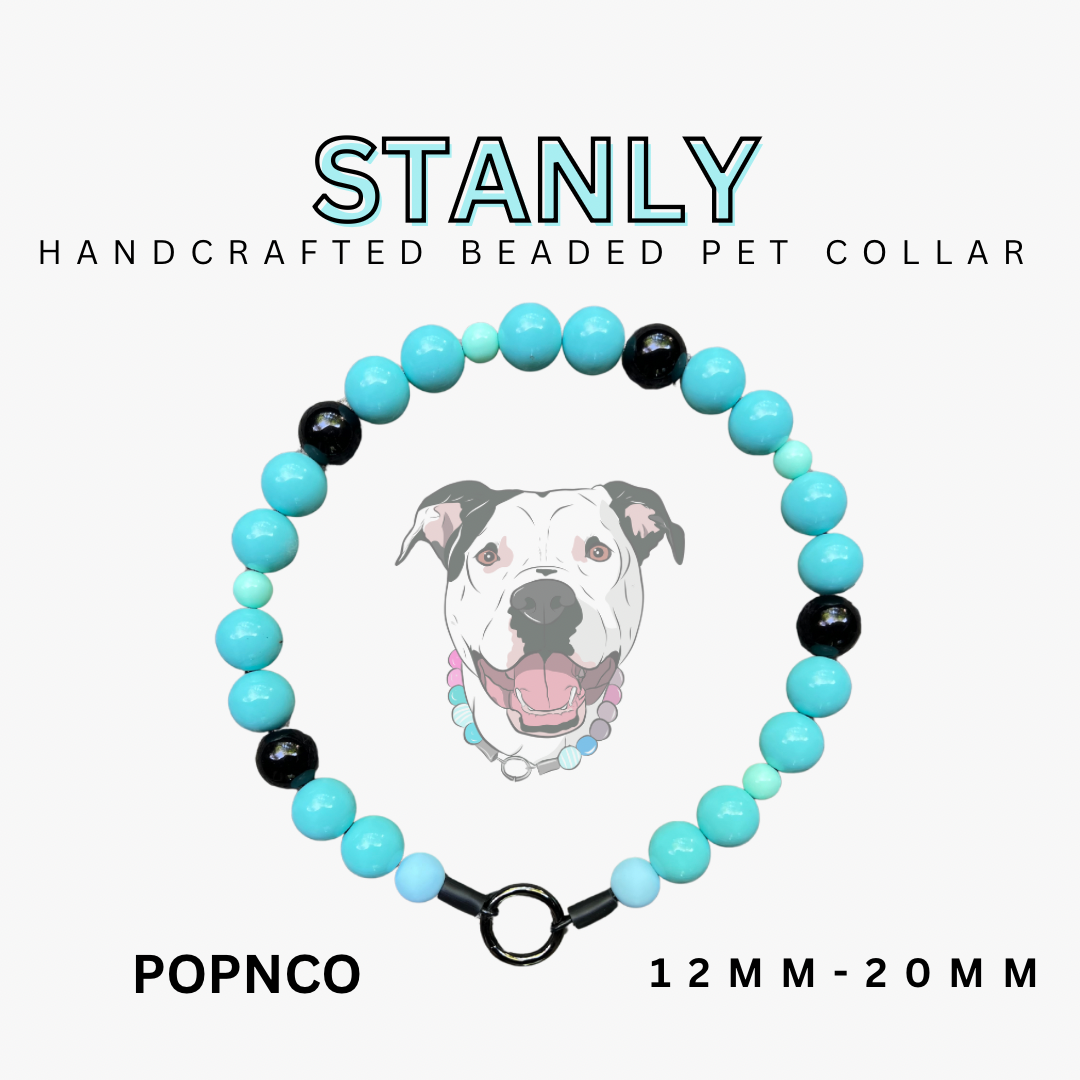Handcrafted beaded pet collar with turquoise and black beads, featuring a dog illustration and brand name 'Stanly'.
