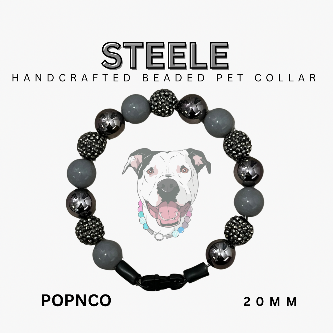 Handcrafted beaded pet collar with 'Steele' branding and a dog illustration on a white background.