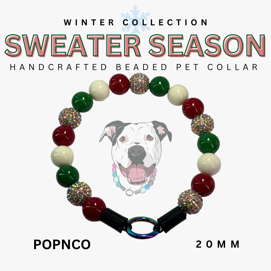 Handcrafted beaded pet collar with colorful beads and a black clasp, featuring a dog illustration and text about a winter collection.