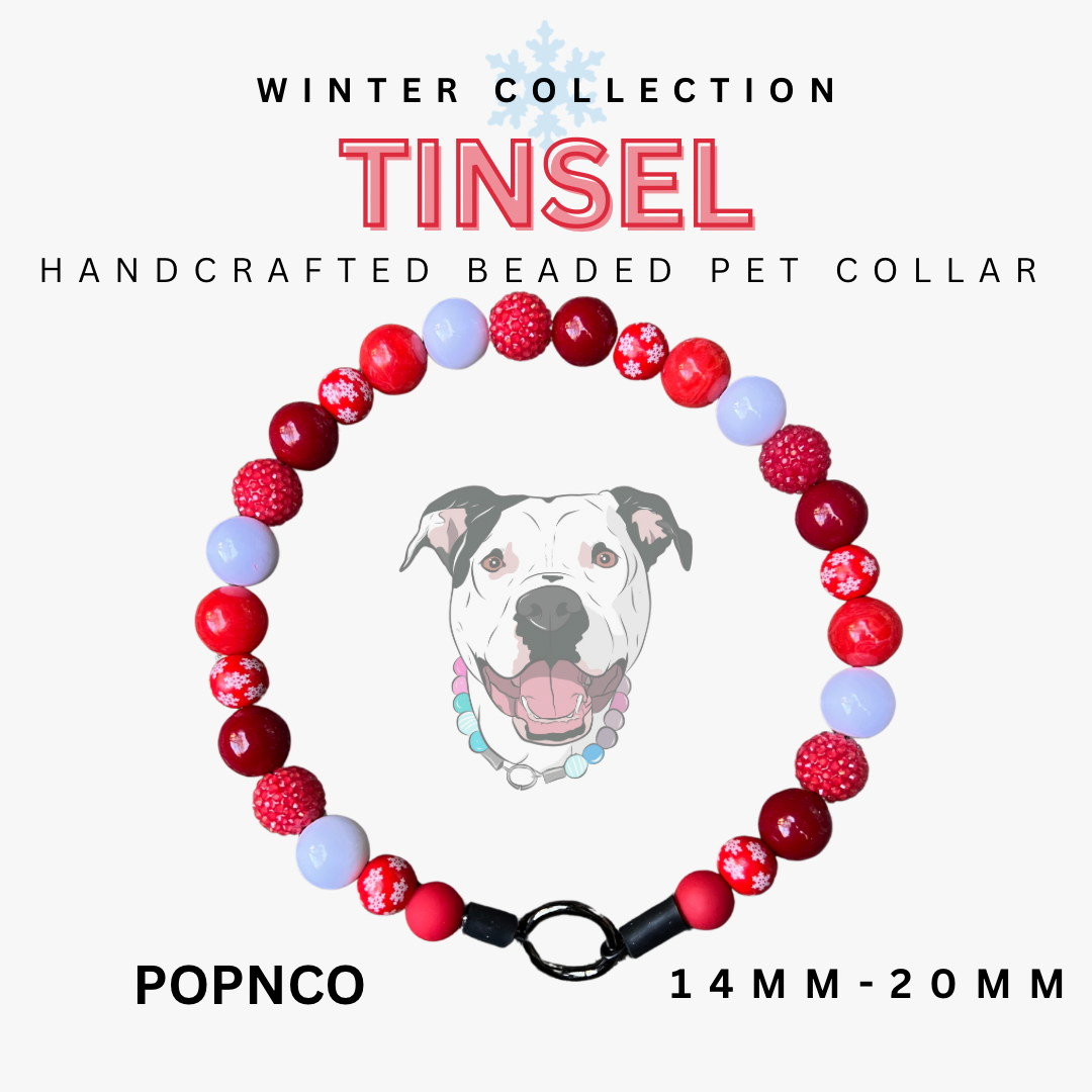 Handcrafted beaded pet collar with red, white, and blue beads on a white background, featuring the brand 'TINSEL' and 'POPNCO'.