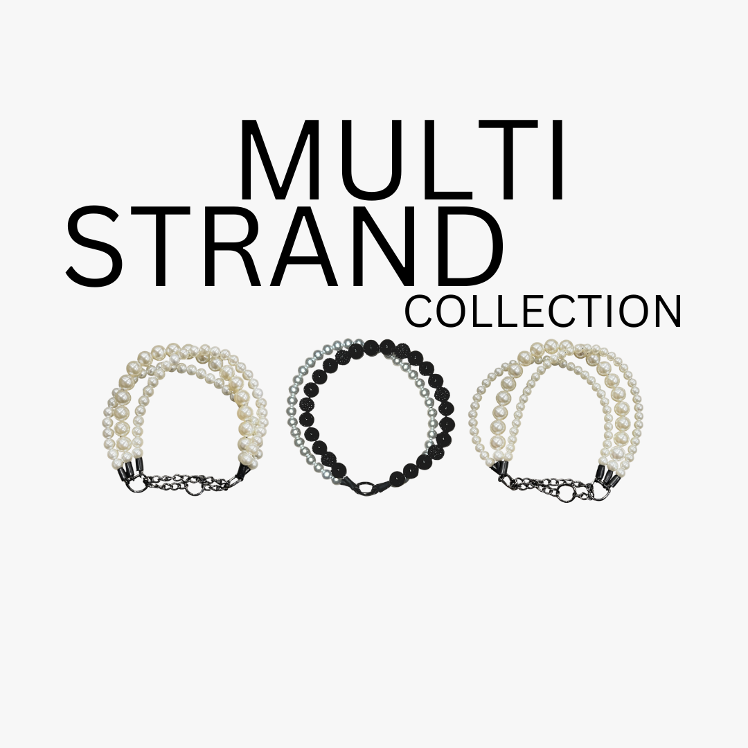 Three multi-strand bracelets in black, white, and pearl on a white background with 'Multi Strand Collection' text.