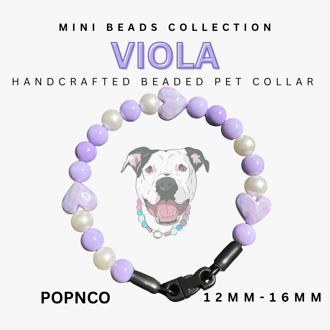 Handcrafted beaded pet collar with a dog illustration on a white background, labeled 'Viola' and 'POPNCO'.