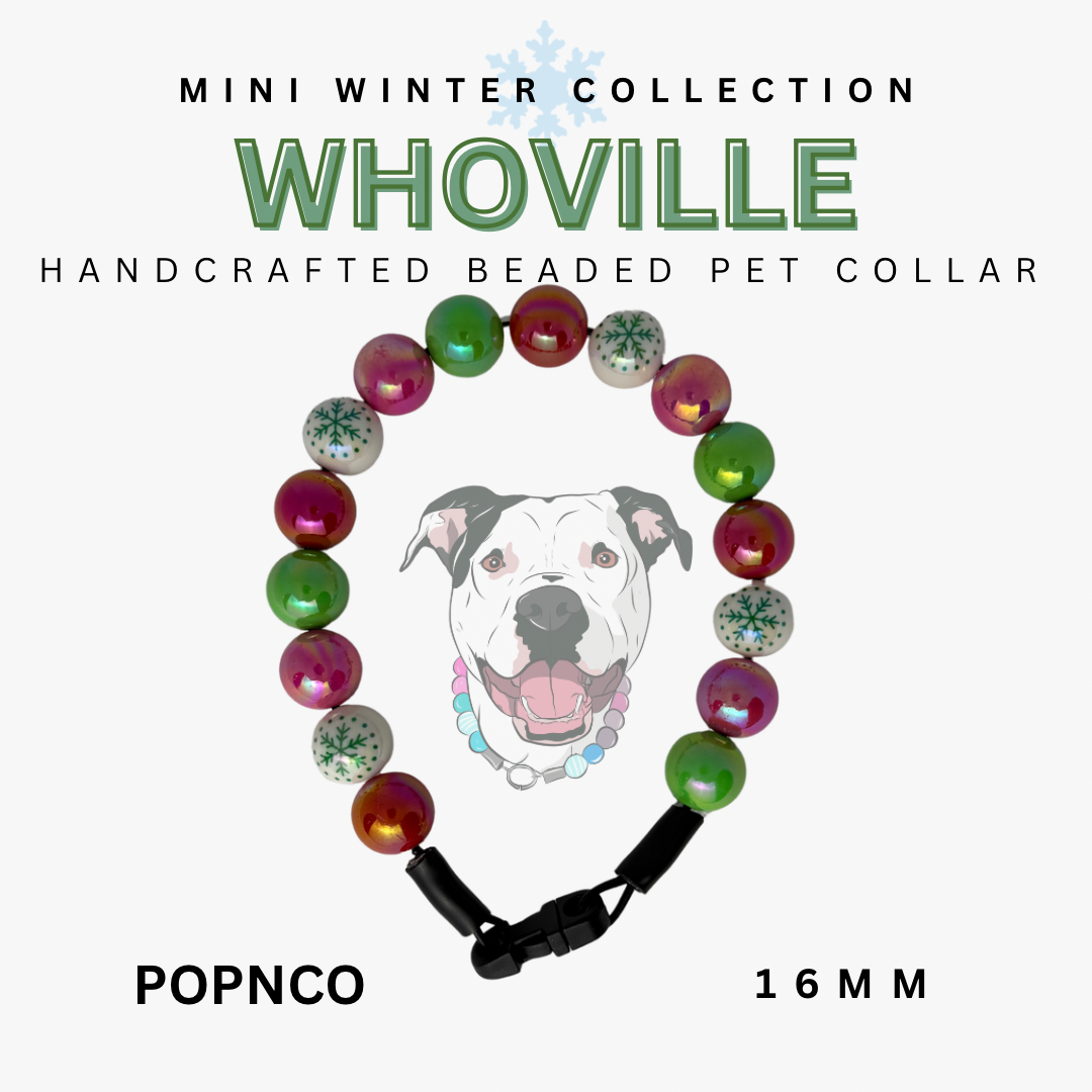 Handcrafted beaded pet collar with colorful beads and a dog illustration, branded 'WHOVILLE'.