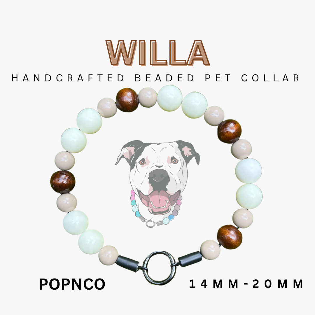 Handcrafted beaded pet collar with a dog illustration on a white background