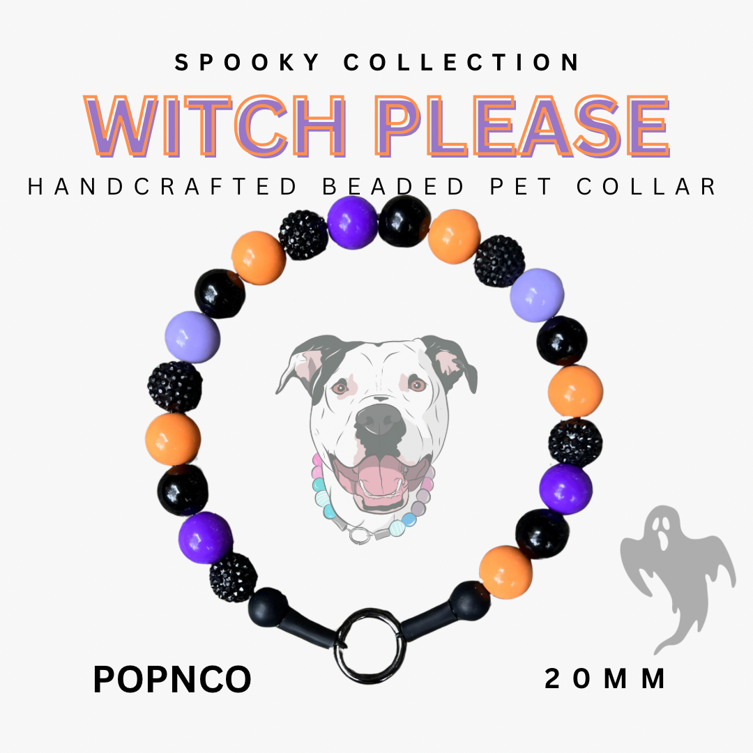 Handcrafted beaded pet collar with colorful beads and a dog illustration, labeled 'Witch Please' from the Spooky Collection by POPNCO.