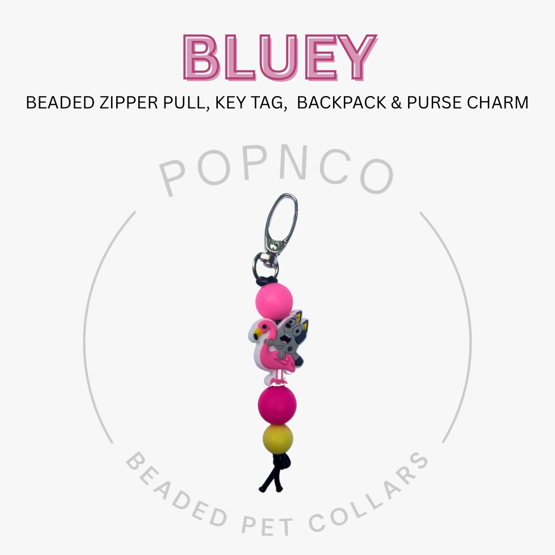Beaded zipper pull, key tag, backpack & purse charm with 'Bluey' branding on a white background.