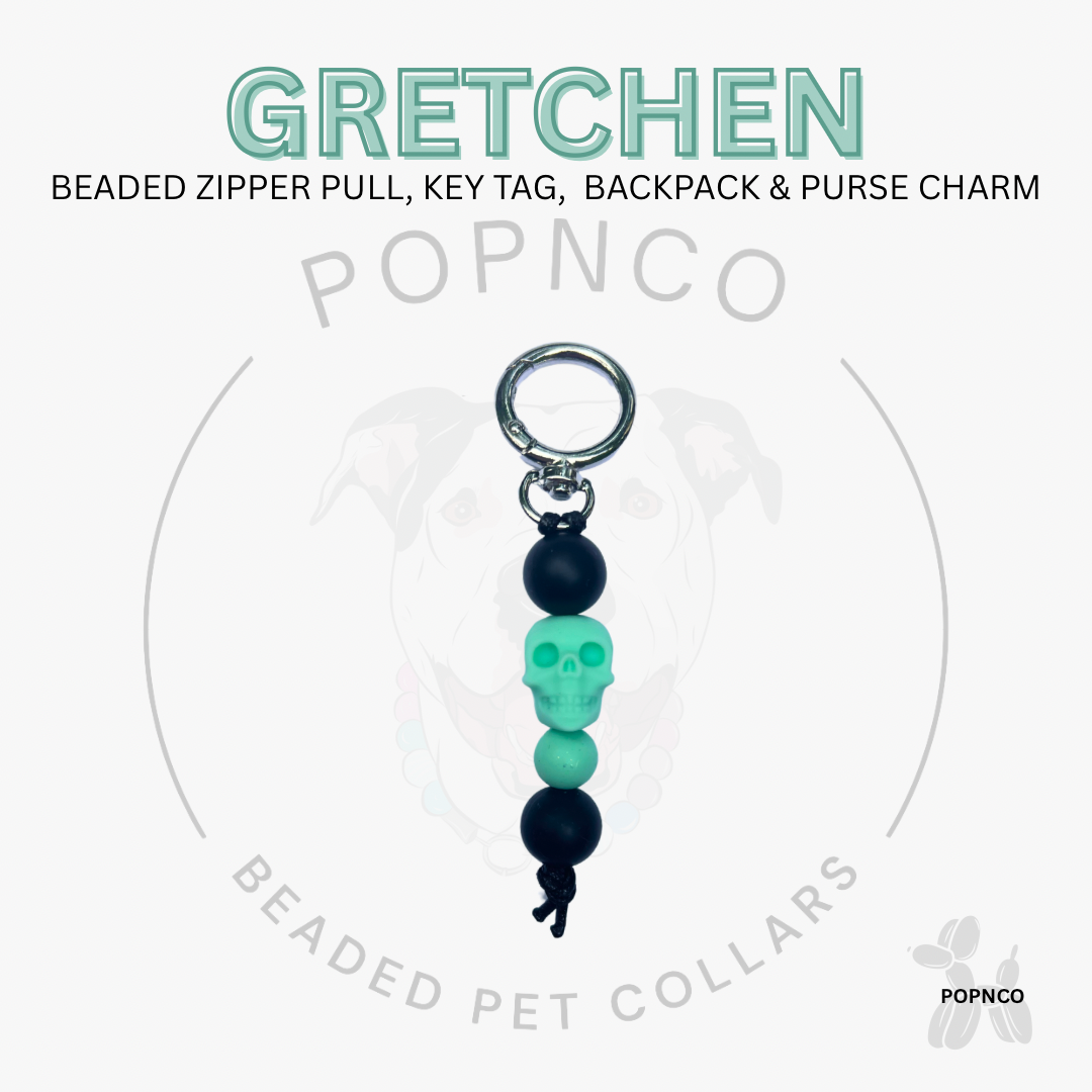 Beaded zipper pull, key tag, backpack & purse charm with 'Gretchen' branding on a white background.