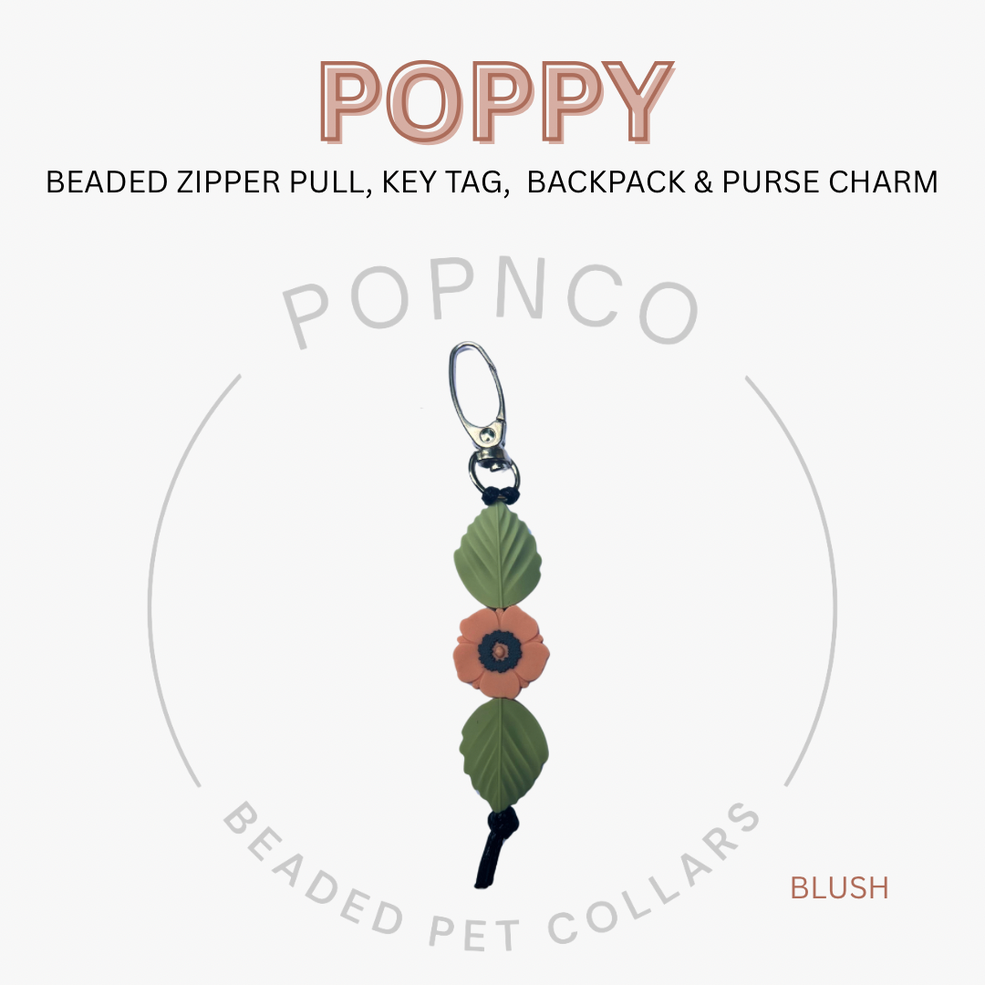 Beaded zipper pull, key tag, backpack & purse charm with 'Poppy' branding on a white background.