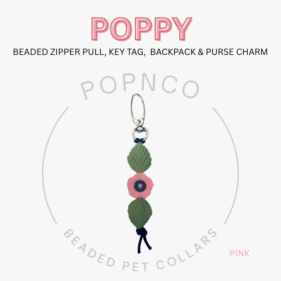 Beaded zipper pull, key tag, backpack & purse charm with 'Poppy' branding on a white background.