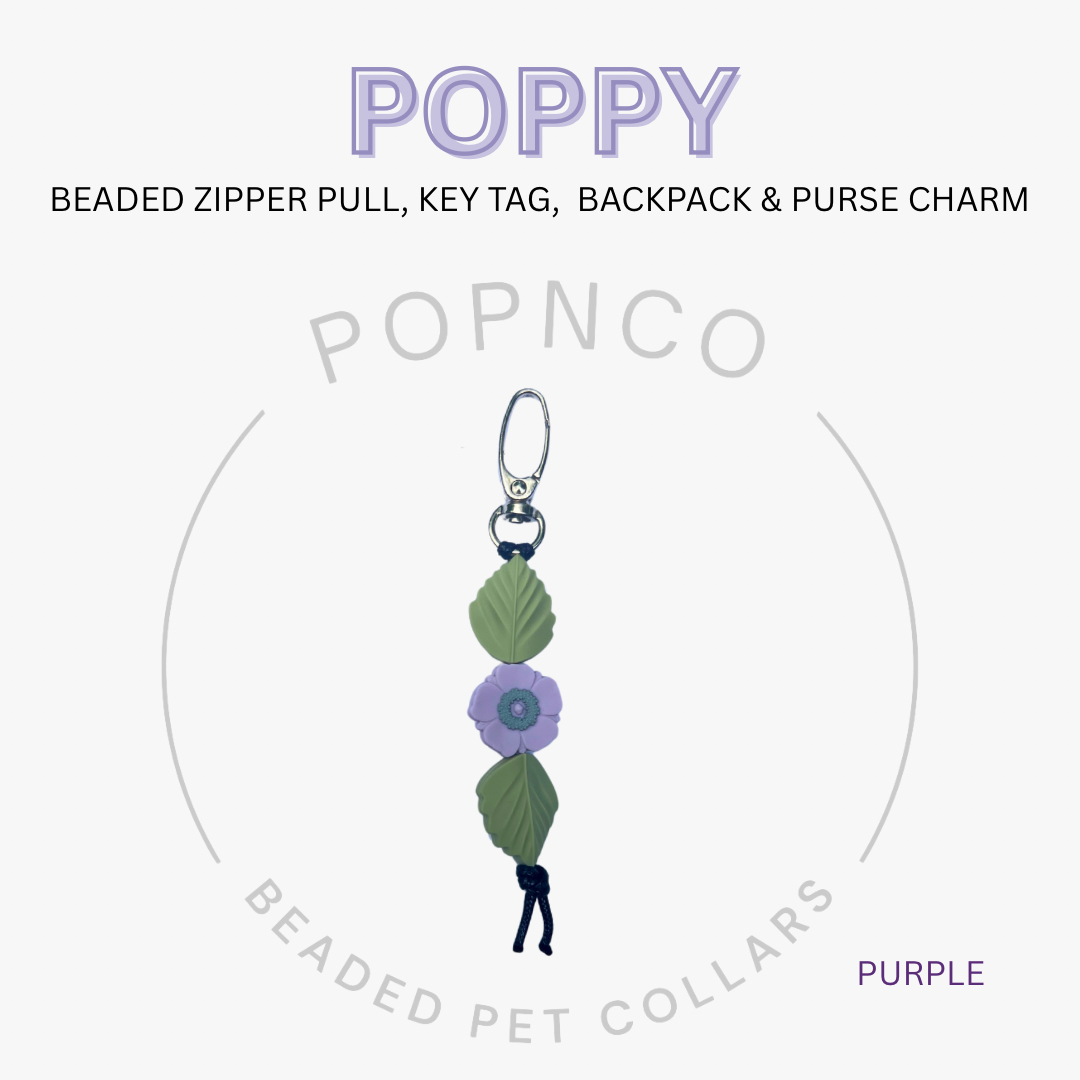 Beaded zipper pull, key tag, backpack & purse charm with 'Poppy' branding on a white background.
