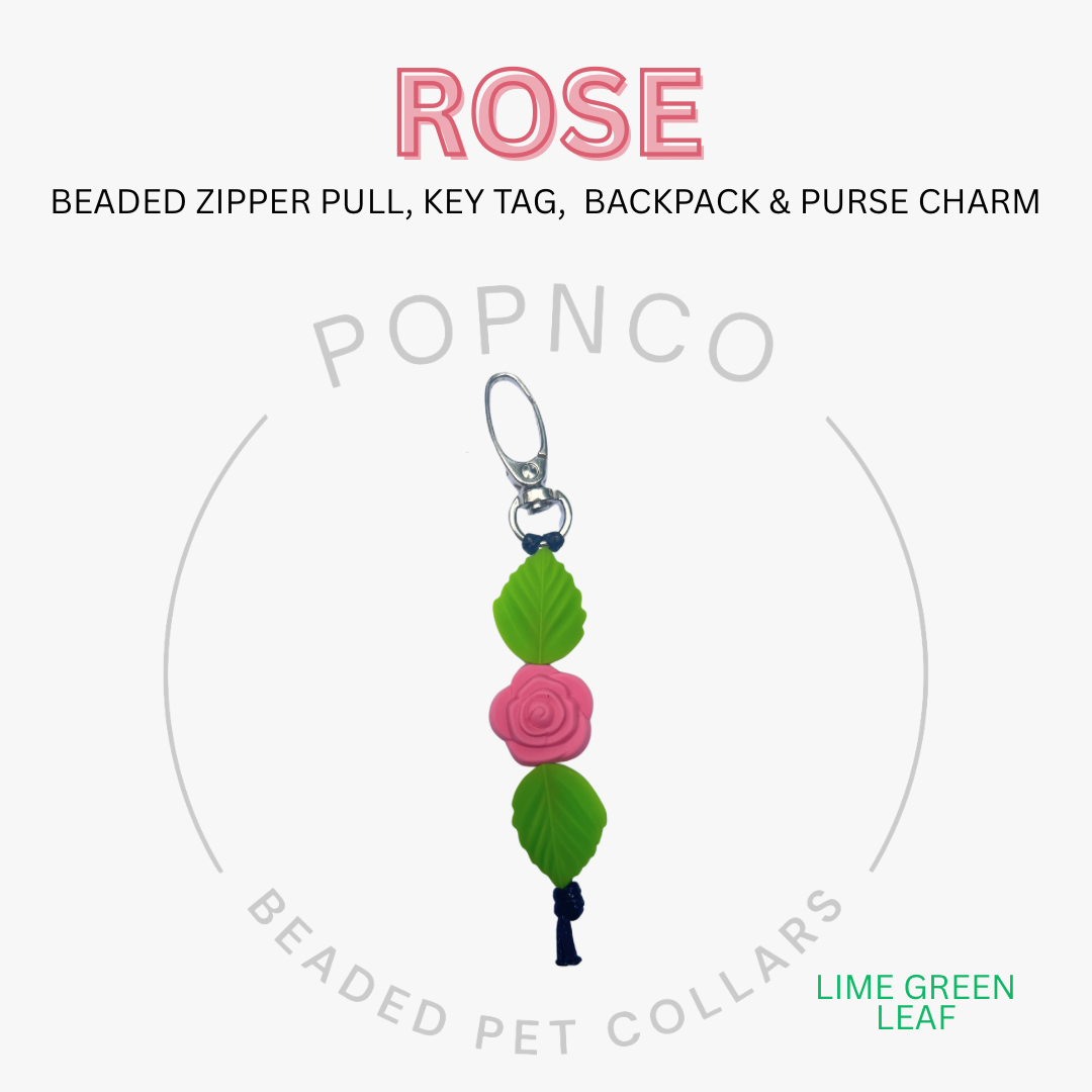 Rose beaded zipper pull, key tag, backpack & purse charm with Popnco branding on a white background.