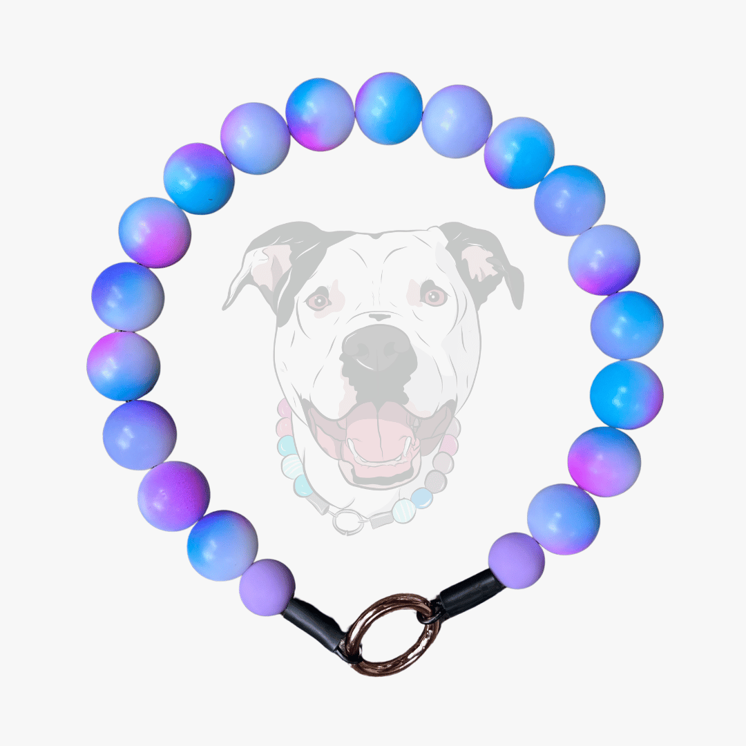 POPNCO Beaded Pet Collar Addison with gradient blue and purple beads and a dog's face in the center on a white background