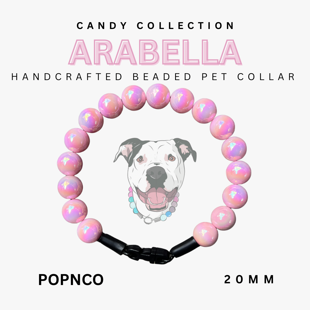 Handcrafted beaded pet collar with pink beads and a dog illustration, labeled 'Candy Collection Arabella' on a white background.