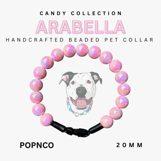 Handcrafted beaded pet collar with pink beads and a dog illustration, labeled 'Candy Collection Arabella' on a white background.