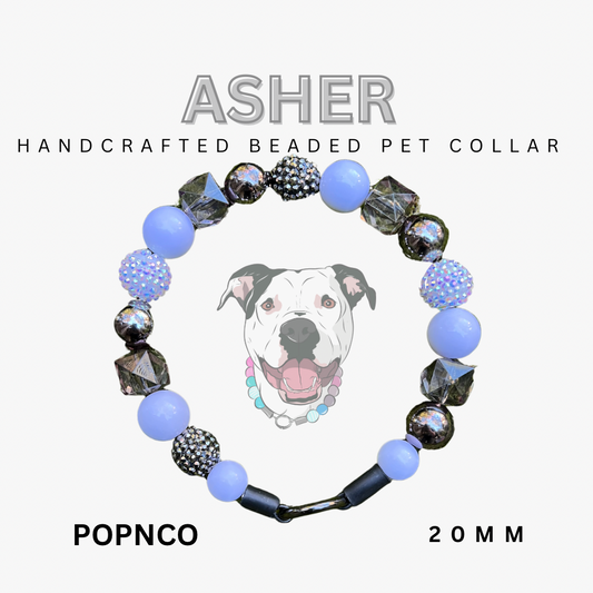 Handcrafted beaded pet collar with blue and black beads, featuring a dog's face on a white background.