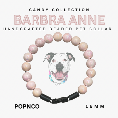 Handcrafted beaded pet collar with pink beads and a dog illustration on a white background, featuring the brand 'Barbra Anne'.