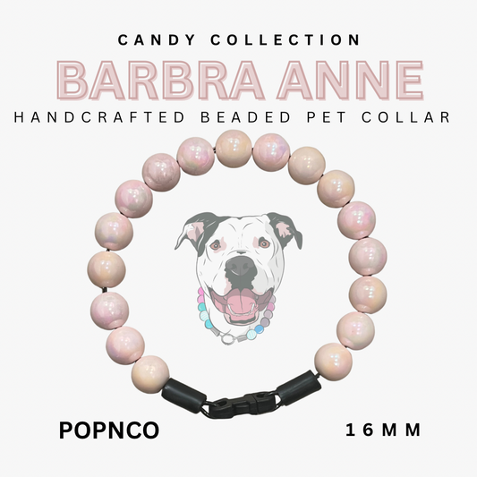 Handcrafted beaded pet collar with pink beads and a dog illustration on a white background, featuring the brand 'Barbra Anne'.