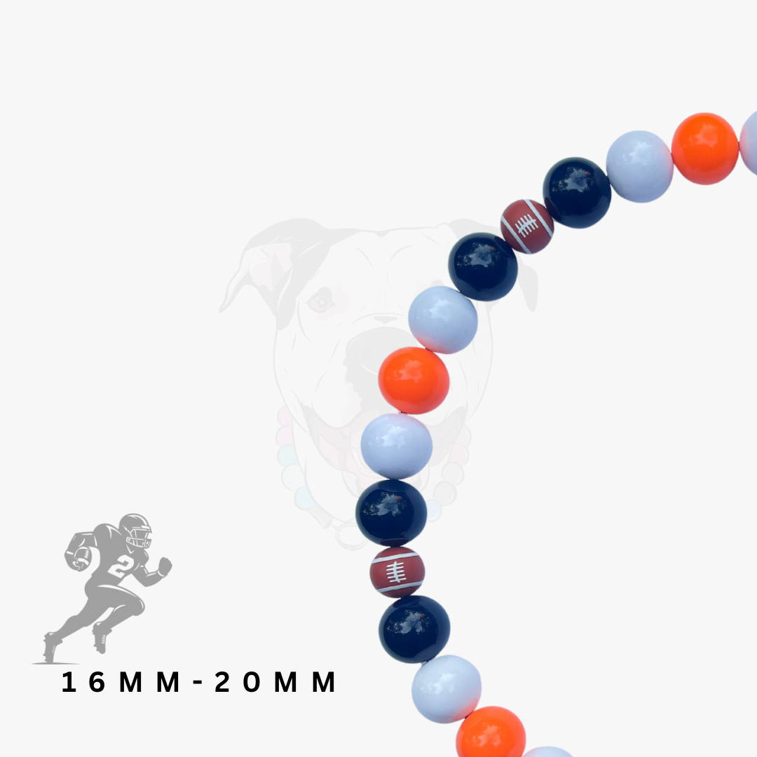 Necklace with multicolored beads and football charms on a white background