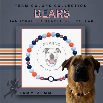 Dog wearing a beaded pet collar with Popnco branding, set against a dark background with team colors. POPNCO