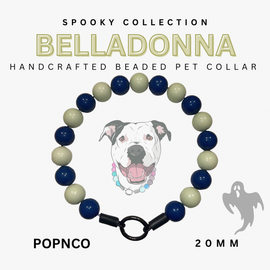 Handcrafted beaded pet collar with blue, green, and beige beads on a white background, featuring 'Belladonna' branding.