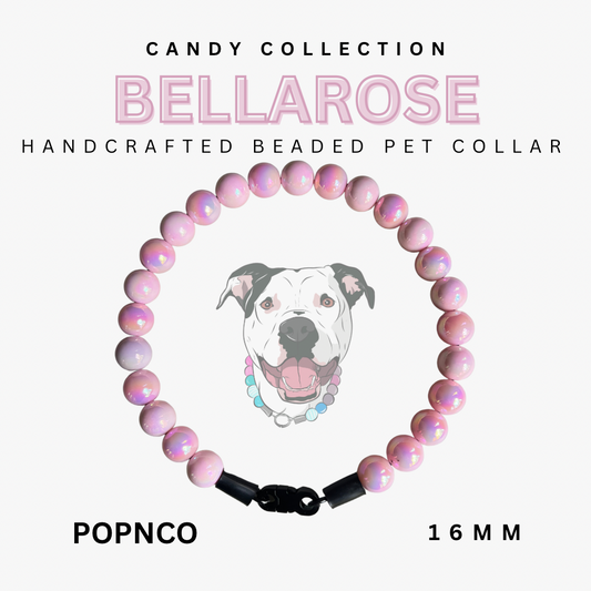 Handcrafted beaded pet collar with a dog illustration on a white background, featuring the brand 'Bellarose'.