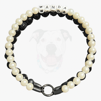 Black and white beaded bracelet with 'WANDA' on a white background POPNCO acrylic bead, acrylic collar, Bead dog collar, beaded collar, Beaded dog collar, Breathable dog collar, cat collar, Comfortable Dog Collar, dog collar, Durable dog collar, Easy to clean dog collar, Easy to clean dog collars, fashion collar, handmade, pearl necklace, Pet accessories, pet collar, popnco, Popnco dog collar, slip on collar, Slip on dog collar, Stylish dog collar