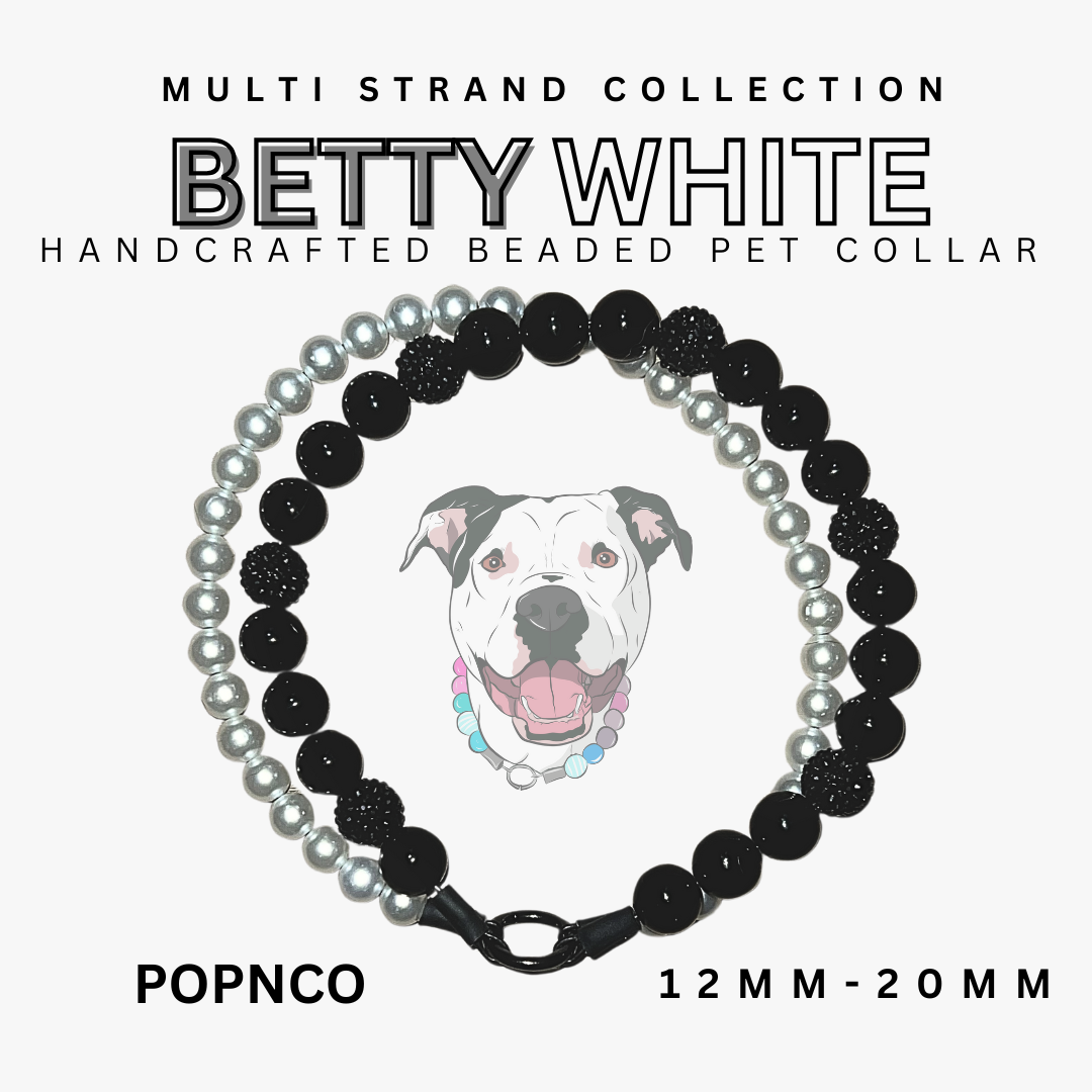 Handcrafted beaded pet collar with black, white, and gray beads on a white background, featuring the brand 'Betty White'. POPNCO acrylic bead, acrylic collar, Bead dog collar, beaded collar, Beaded dog collar, Breathable dog collar, cat collar, Comfortable Dog Collar, dog collar, Durable dog collar, Easy to clean dog collar, Easy to clean dog collars, fashion collar, handmade, pearl necklace, Pet accessories, pet collar, popnco, Popnco dog collar, slip on collar, Slip on dog collar, Stylish dog collar