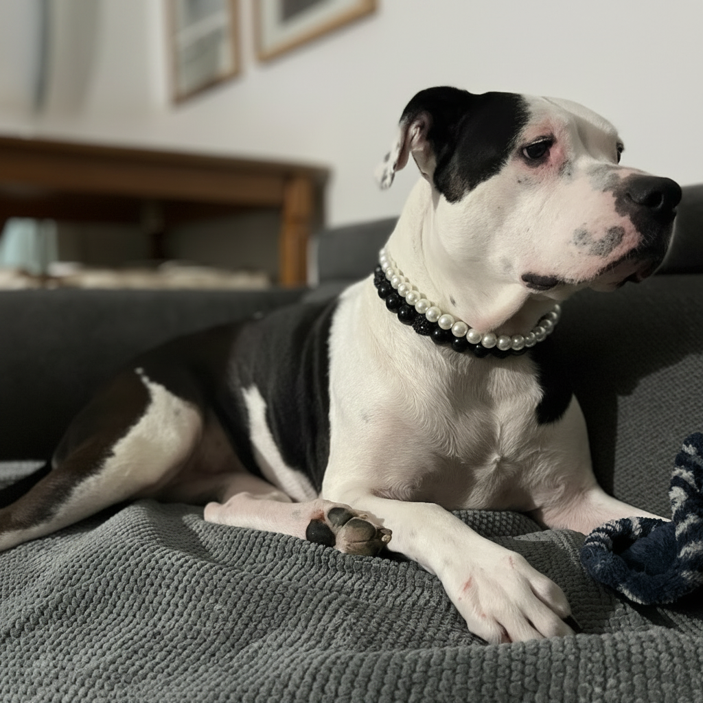 Dog wearing a pearl necklace sitting on a couch