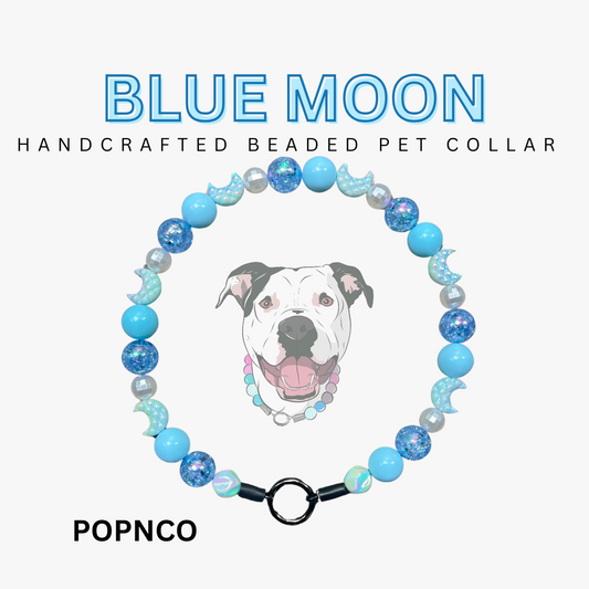 Handcrafted beaded pet collar with 'Blue Moon' branding and a dog illustration on a white background.