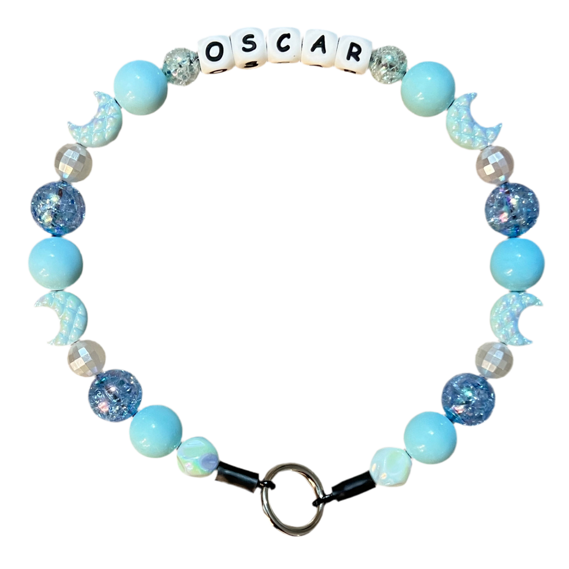 Neon blue beaded keychain with 'OSCAR' letters on a white background