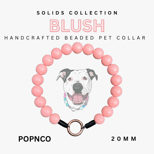 Handcrafted beaded pet collar with pink beads and a dog illustration on a white background