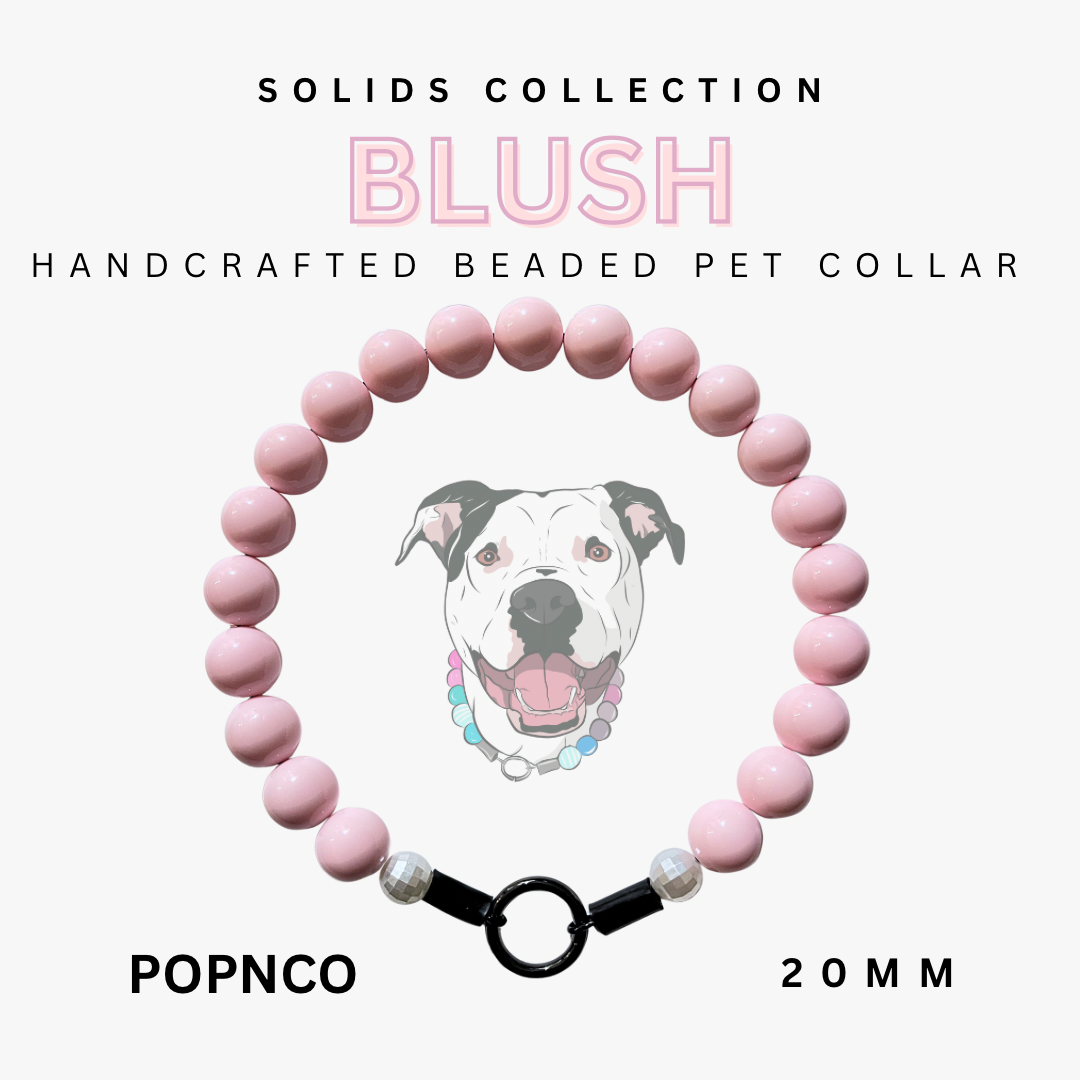 Handcrafted beaded pet collar with pink beads and a dog illustration on a white background, labeled 'Blush' from the Solids Collection by POPNCO.