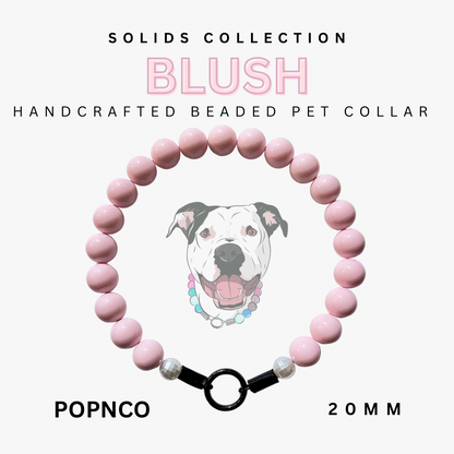 Handcrafted beaded pet collar with pink beads and a dog illustration on a white background, labeled 'Blush' from the Solids Collection by POPNCO.
