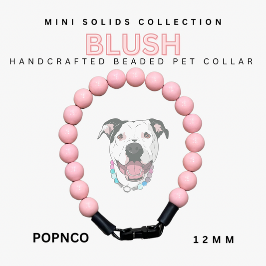 Handcrafted beaded pet collar with pink beads and a black clasp, featuring a dog illustration on a white background.