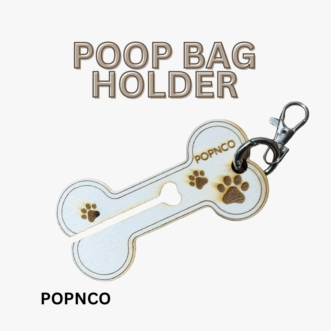 Dog poop bag holder shaped like a bone with paw prints, branded 'POPNCO', on a white background.
