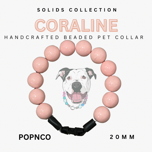 Handcrafted beaded pet collar with pink beads and a dog illustration on a white background, labeled 'Coraline' from the Solids Collection by POPNCO.
