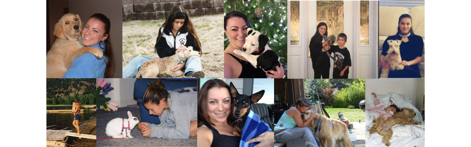 Collage of Lisa and her pets over the years. there is a golden, lakeland terrier, poppy, a cat, murphy, bunny, min pin, 