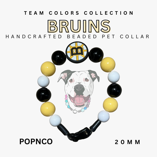 Handcrafted beaded pet collar with Bruins logo and dog illustration on a white background