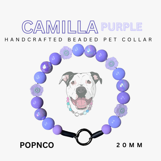 Handcrafted beaded pet collar with purple beads and floral designs, featuring a dog illustration on a white background.