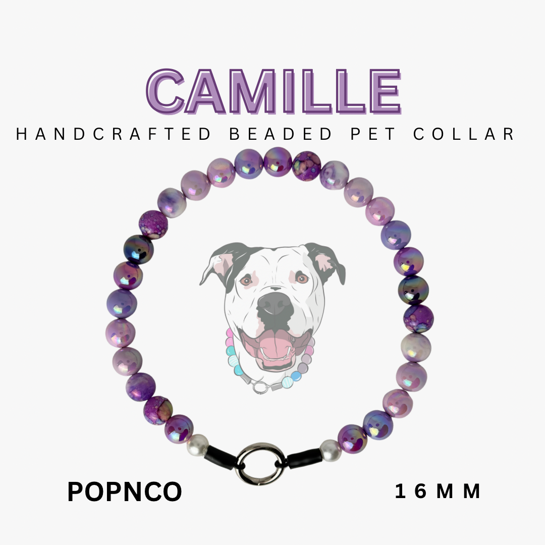 Handcrafted beaded pet collar with 'Camille' branding on a white background POPNCO acrylic bead, Bead dog collar, beaded collar, Beaded dog collar, Breathable dog collar, cat collar, Comfortable Dog Collar, dog collar, Durable dog collar, Easy to clean dog collar, fashion collar, handmade, Pet accessories, pet collar, popnco, Popnco dog collar, slip on collar, Slip on dog collar, Stylish dog collar