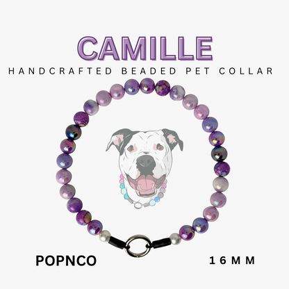 Handcrafted beaded pet collar with 'Camille' branding on a white background POPNCO acrylic bead, Bead dog collar, beaded collar, Beaded dog collar, Breathable dog collar, cat collar, Comfortable Dog Collar, dog collar, Durable dog collar, Easy to clean dog collar, fashion collar, handmade, Pet accessories, pet collar, popnco, Popnco dog collar, slip on collar, Slip on dog collar, Stylish dog collar