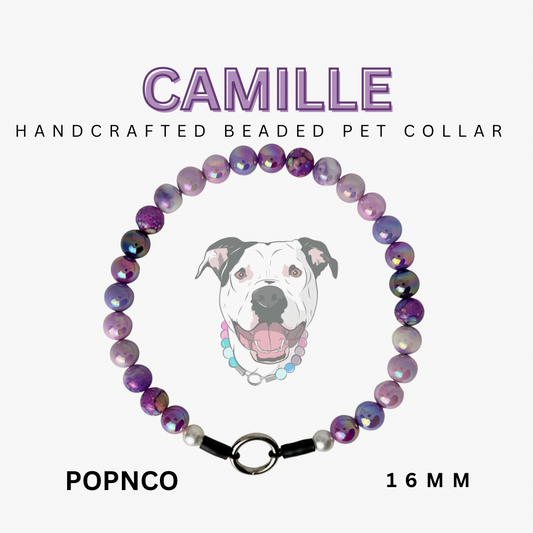 Handcrafted beaded pet collar with 'Camille' branding on a white background POPNCO acrylic bead, Bead dog collar, beaded collar, Beaded dog collar, Breathable dog collar, cat collar, Comfortable Dog Collar, dog collar, Durable dog collar, Easy to clean dog collar, fashion collar, handmade, Pet accessories, pet collar, popnco, Popnco dog collar, slip on collar, Slip on dog collar, Stylish dog collar