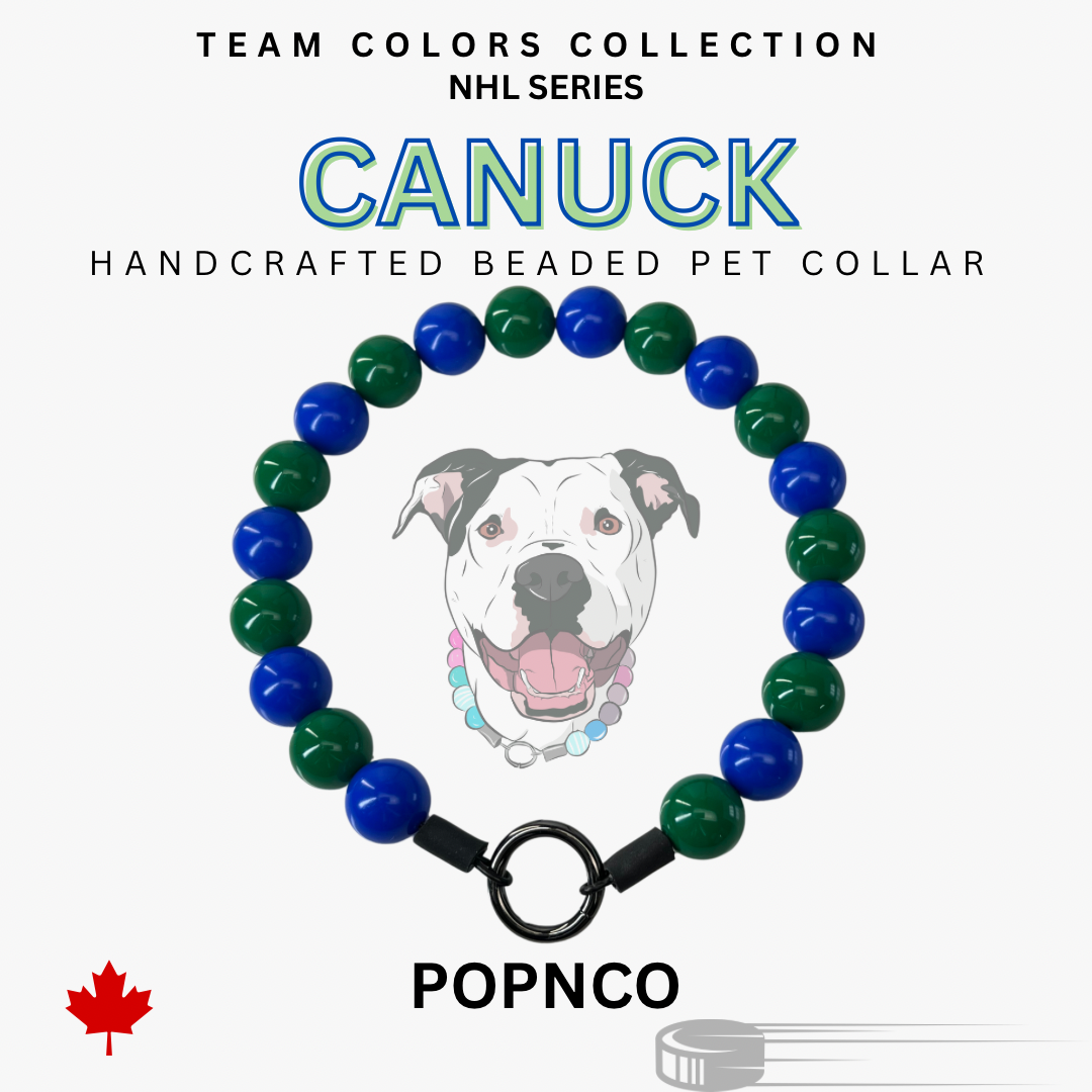 A handcrafted beaded pet collar with green and blue beads, featuring a picture of a dog and the text 'TEAM COLORS COLLECTION CANUCK HANDCRAFTED BEADED PET COLLAR', with a red maple leaf indicating a connection to Canada. POPNCO